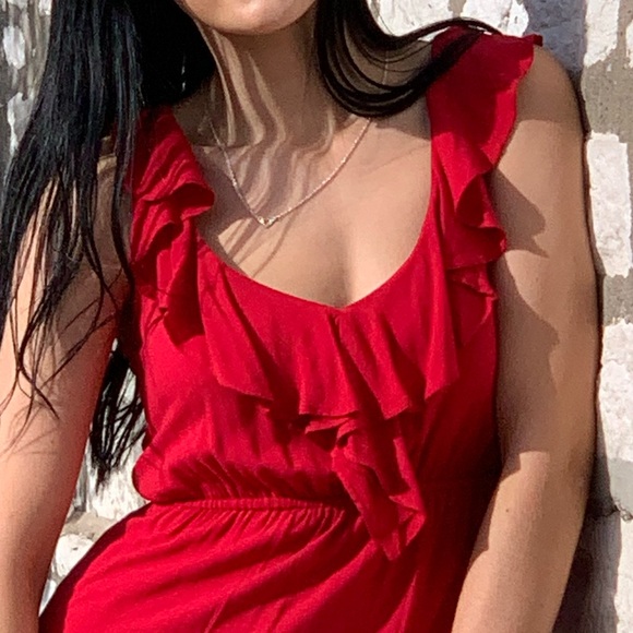 Elegant Red Ruffle Dress V Neckline Size S - Picture 7 of 7